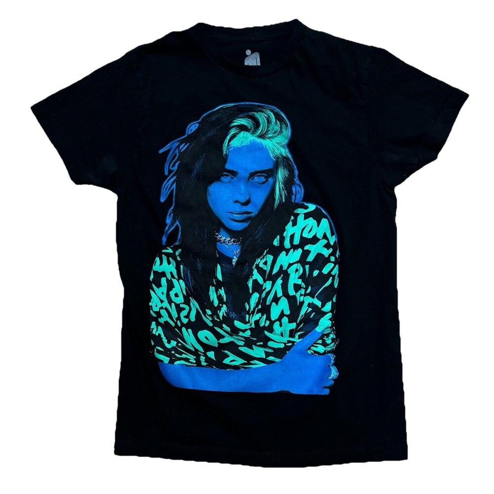 Billie Eilish Neon Blue Black T shirt Size Medium Unisex Concert EUC